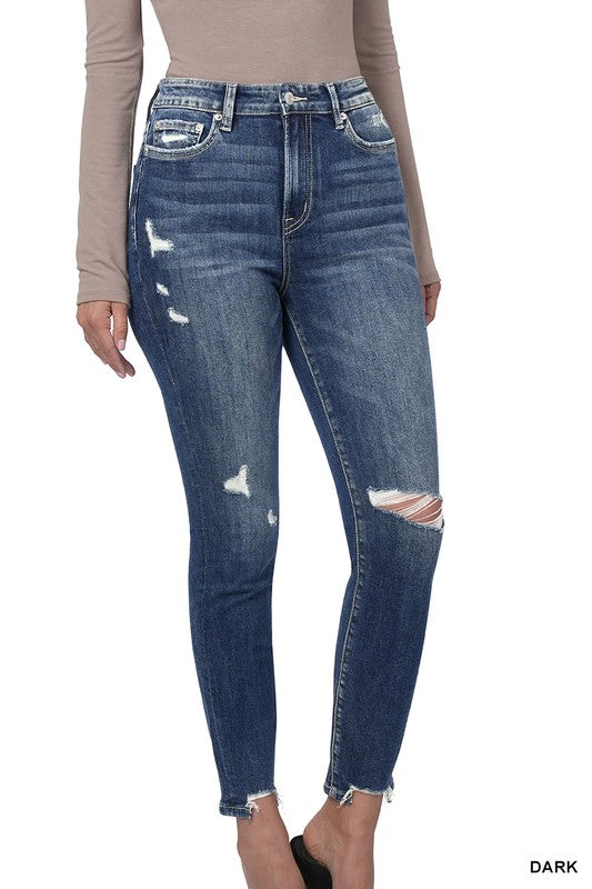 DISTRESSED HEM ANKLE SKINNY DENIM PANTS ZENANA